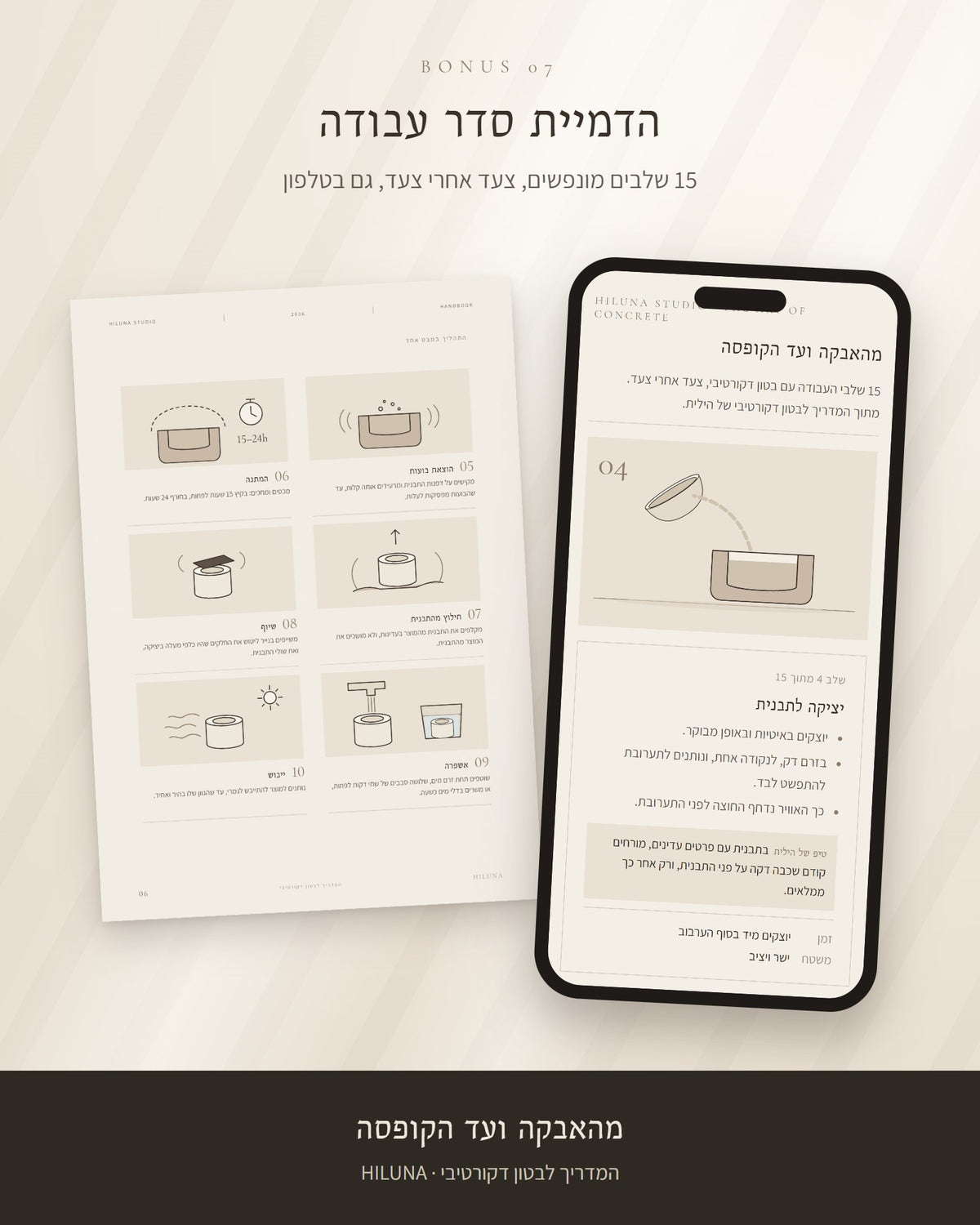 הדמיית סדר העבודה בטלפון, לצד עמוד השלבים המאוירים מהמדריך לבטון דקורטיבי